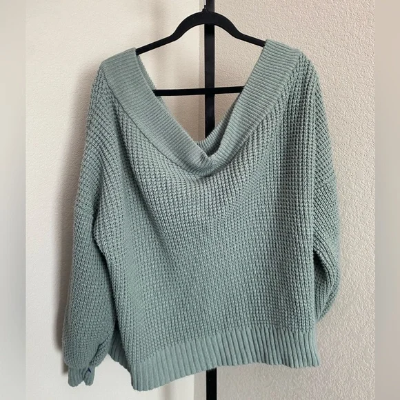 Zenana Outfitters Women’s Off the Shoulder Green/Blue V-Neck Sweater - Picture 4 of 4